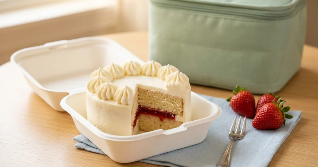 Finished vanilla bento cake in a lunchbox with a visible strawberry jam layer, fresh strawberries, and a small fork.