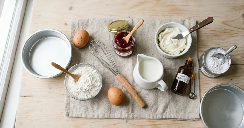Flat lay of ingredients for a vanilla bento cake, including flour, eggs, mascarpone, jam, and mini 4-inch cake pans.