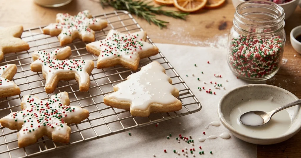 Glazing and decorating homemade Christmas sugar cookies with sprinkles