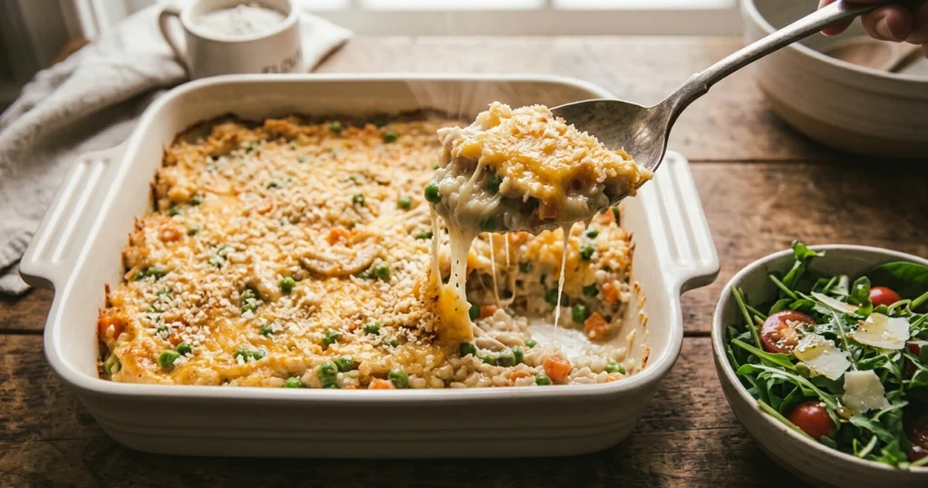 Golden baked chicken casserole with a crisp breadcrumb topping being served with a spoon