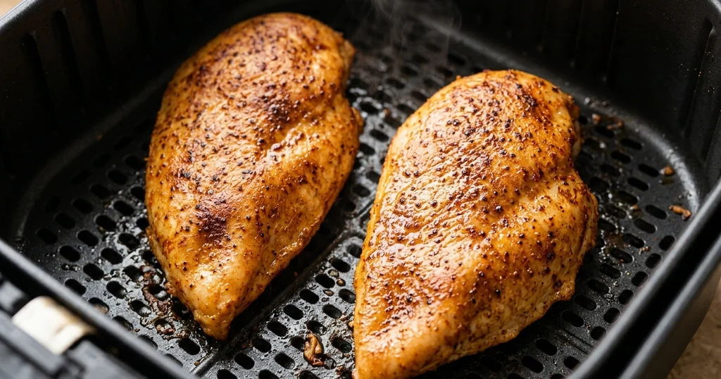 Golden brown airfryer chicken breast cooking in the airfryer basket after being flipped