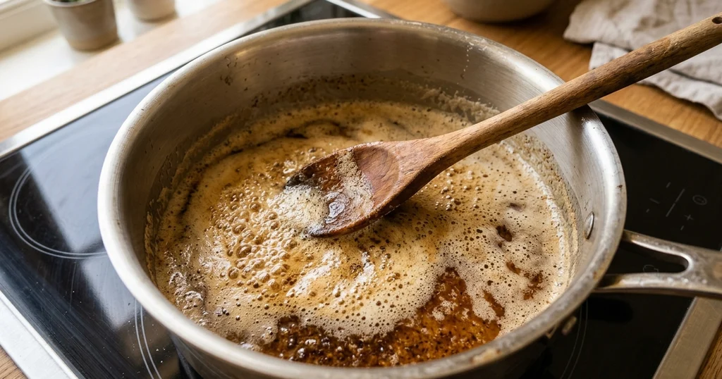 Golden brown butter with toasted milk solids in a saucepan for the 30th birthday cake frosting