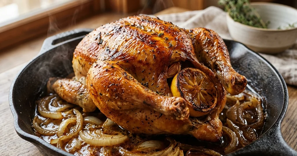 Golden crisp-skinned oven-roasted chicken on caramelized onions in a cast-iron skillet, a homemade rotisserie chicken recipe