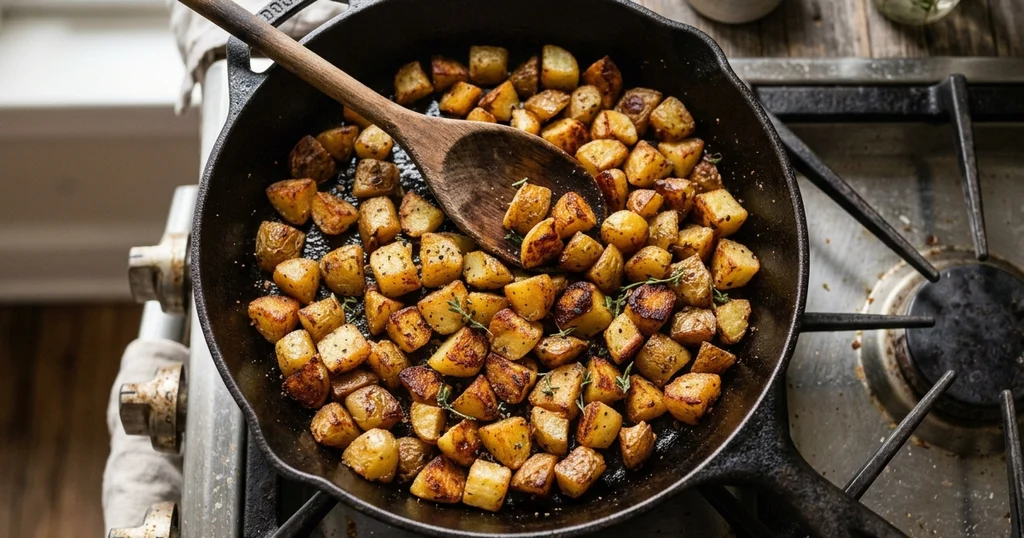 Golden crispy diced potatoes in a cast iron skillet, the first stage of the ground beef and potato skillet