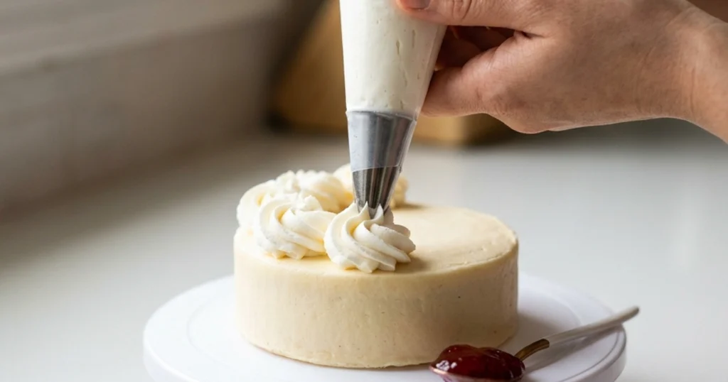 Hands piping whipped cream rosettes onto a mini bento cake with a star tip piping bag.