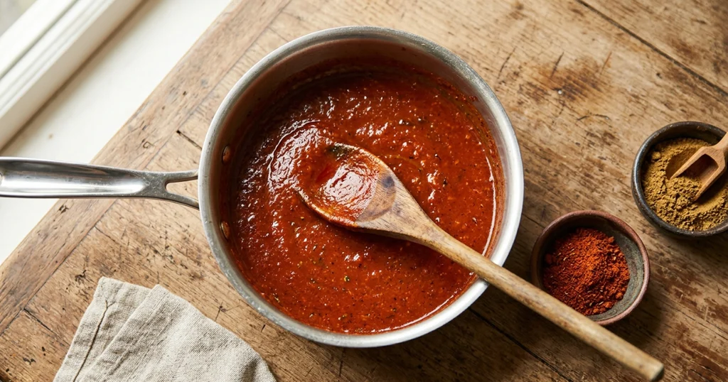 Homemade red enchilada sauce simmering in a saucepan for chicken enchiladas