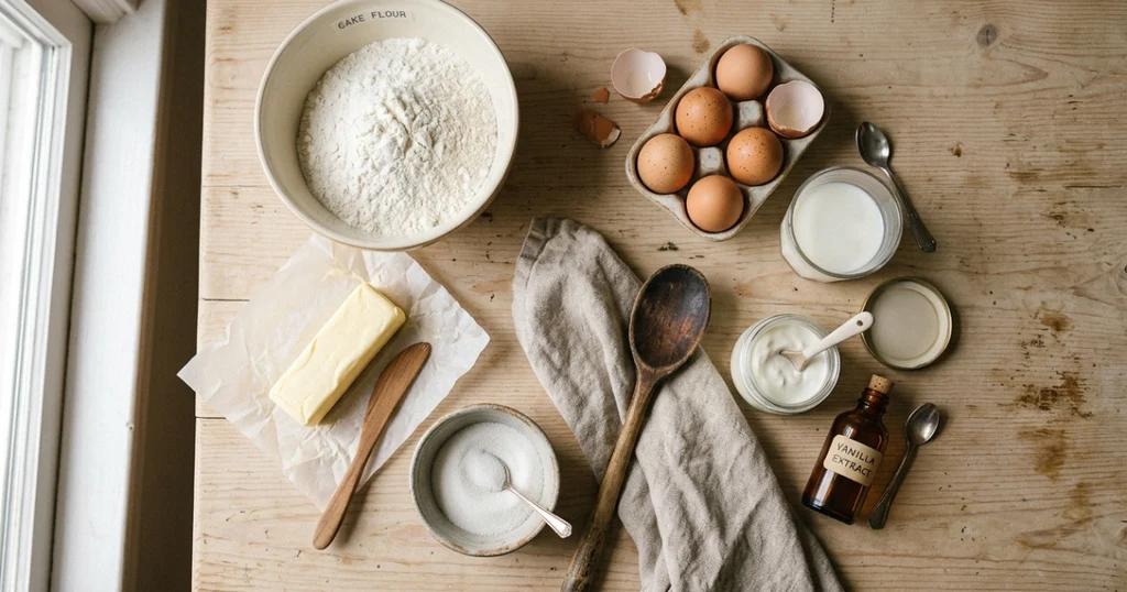 Ingredients for a homemade birthday cake laid out on a wooden table, including flour, butter, eggs, milk, and vanilla