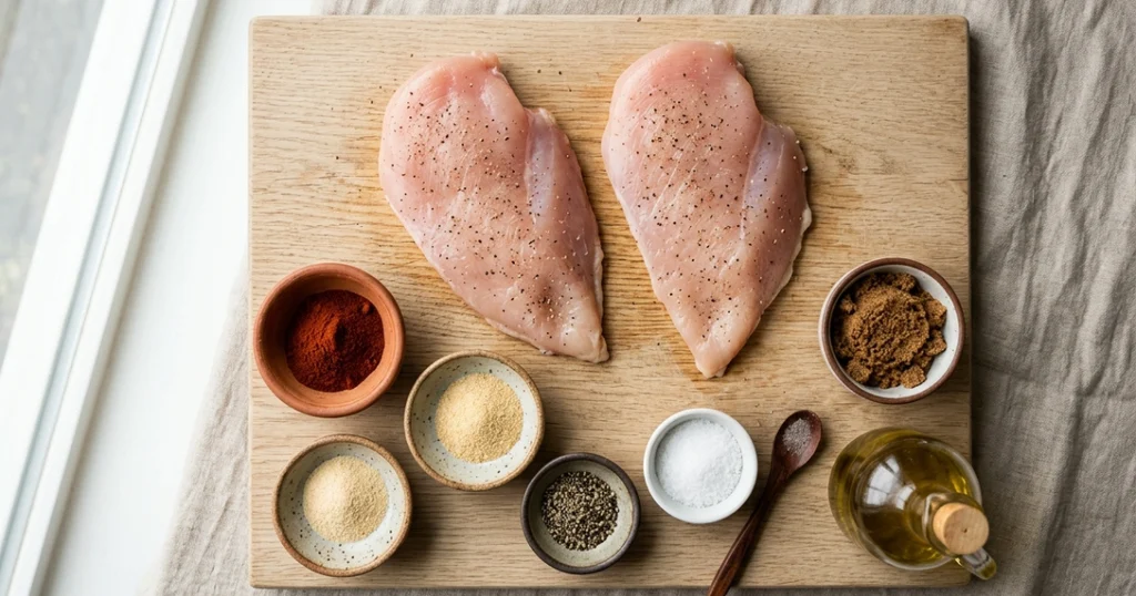 Ingredients for airfryer chicken breast raw chicken, spices, brown sugar, salt and olive oil on a wooden board