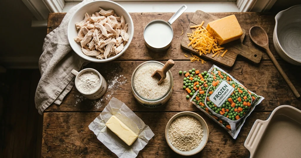 Ingredients for chicken casserole including shredded chicken, cheddar cheese, panko breadcrumbs, and frozen vegetables arranged on a wooden counter