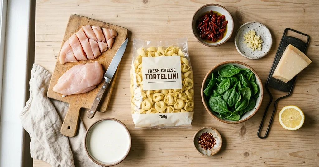 Ingredients for chicken tortellini recipes laid out on a wooden table, including chicken cutlets, cheese tortellini, cream, and spinach