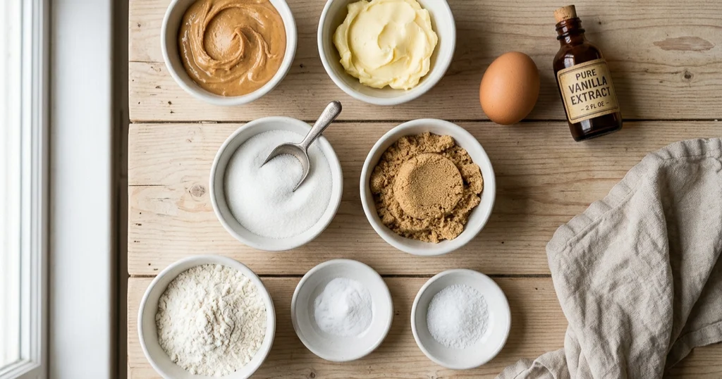 Ingredients for peanut butter cookies laid out in bowls, including peanut butter, butter, sugars, flour and an egg