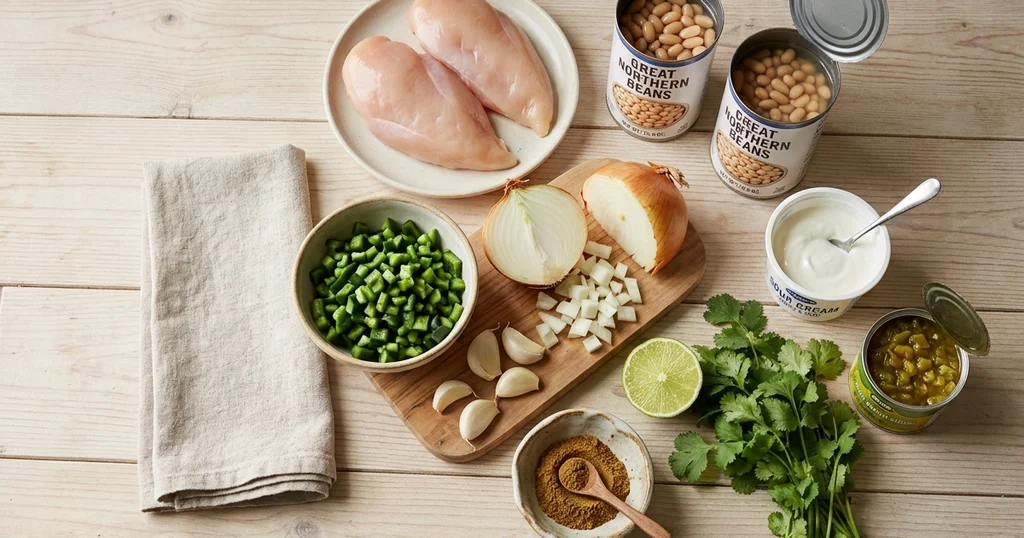 Ingredients for white chicken chili laid out on a wooden table, including chicken breasts, white beans, poblano, and lime