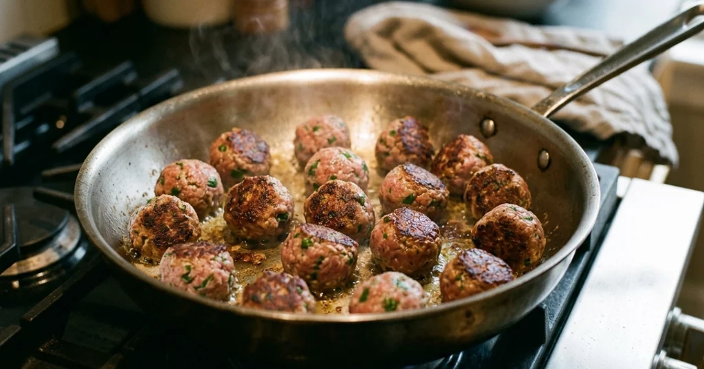 Lamb meatballs browning in a stainless steel skillet with a deep golden sear on each side