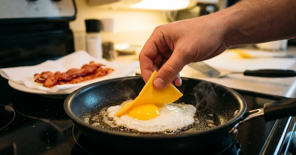 Melting cheddar cheese on a fried egg while assembling a breakfast sandwich
