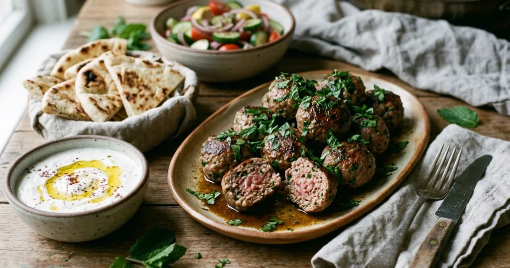 Platter of juicy lamb meatballs with yogurt sauce, pita, and cucumber tomato salad, one meatball sliced open