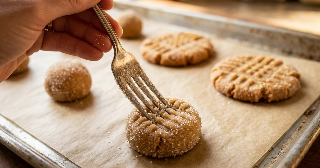 Pressing a sugar-dipped fork into peanut butter cookie dough to make the crisscross pattern before baking