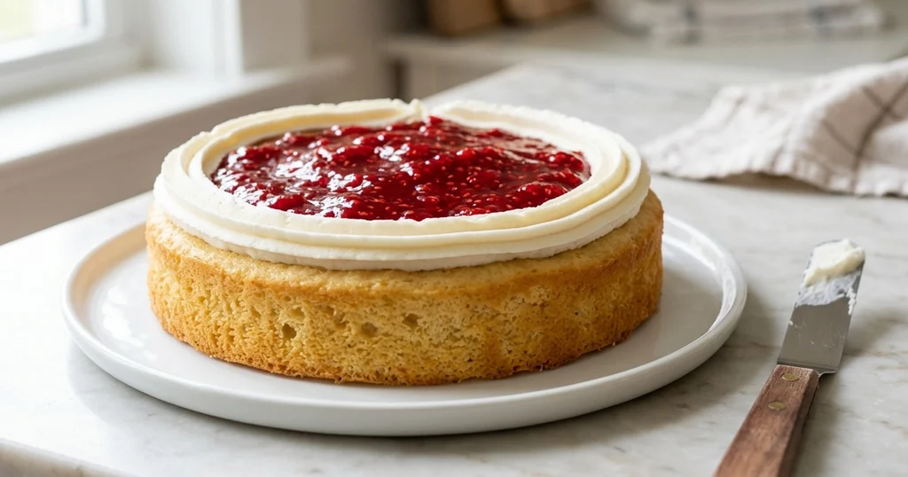 Raspberry filling inside a buttercream dam on an anniversary cake layer