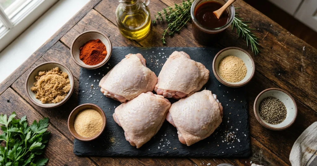 Raw chicken thighs with brown sugar, paprika, and spices laid out for easy bbq food ideas