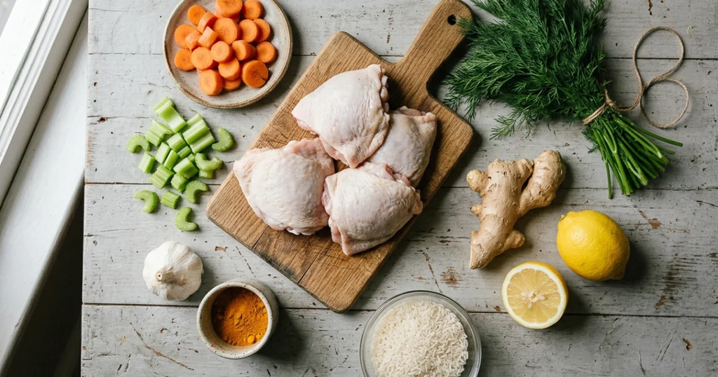 Raw ingredients for lemon ginger chicken and rice soup, including chicken thighs, ginger, lemons, carrots, and dill