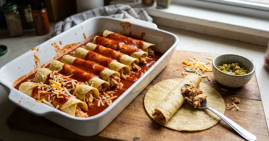 Rolled chicken enchiladas with shredded chicken filling lined up in a baking dish before baking