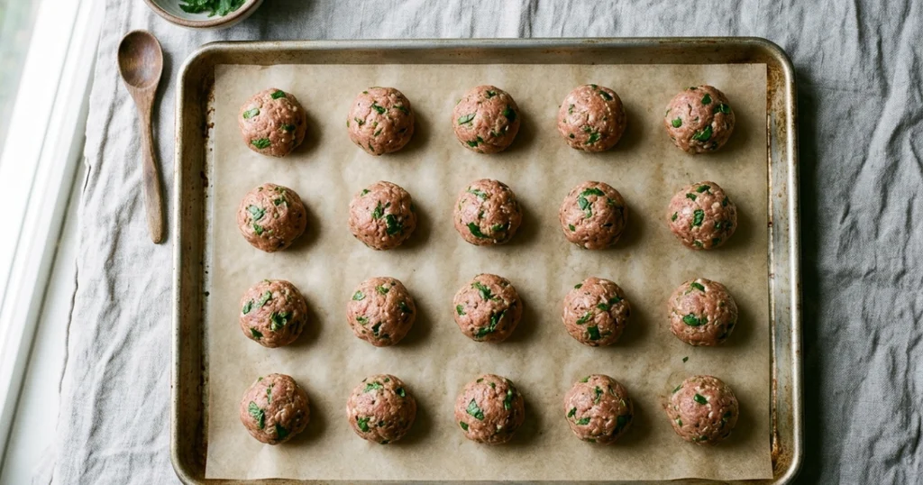 Rolled raw lamb meatballs with fresh mint and parsley arranged on a parchment-lined baking sheet