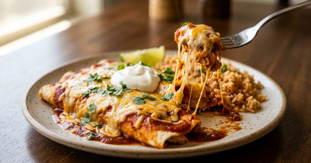 Served chicken enchiladas topped with melted cheese, cilantro, and sour cream with rice and lime