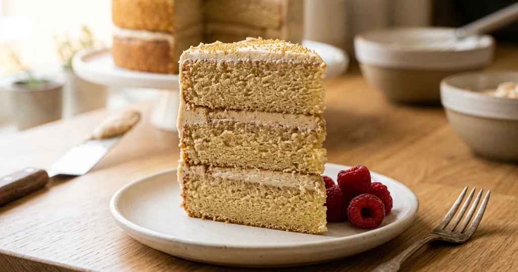 Slice of brown butter vanilla layer cake showing the tender crumb, served with fresh raspberries