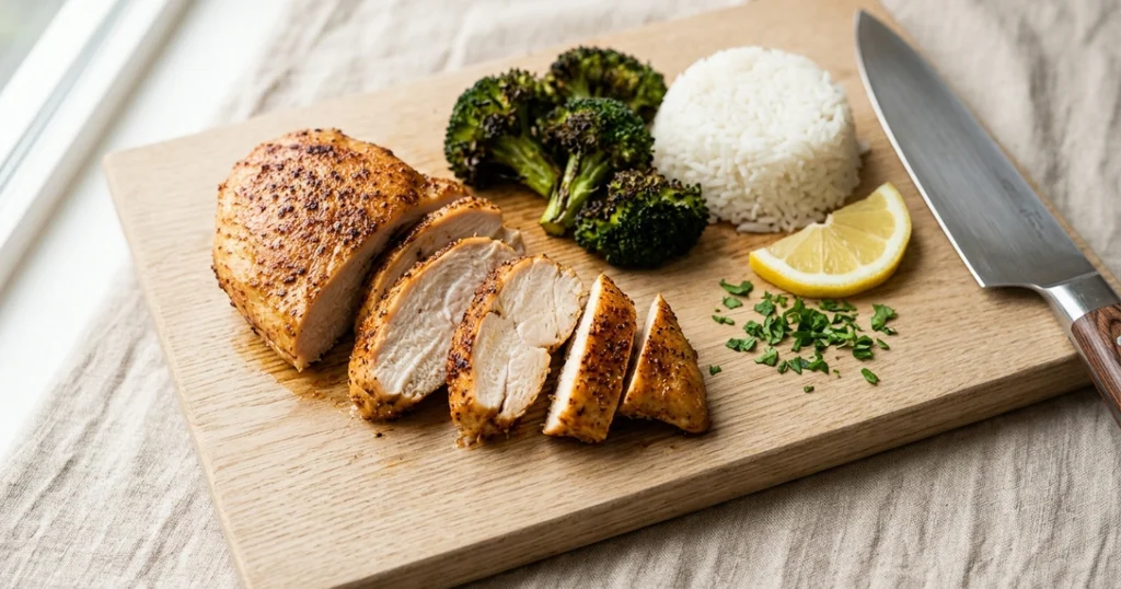 Sliced airfryer chicken breast with a juicy center, served with roasted broccoli and rice