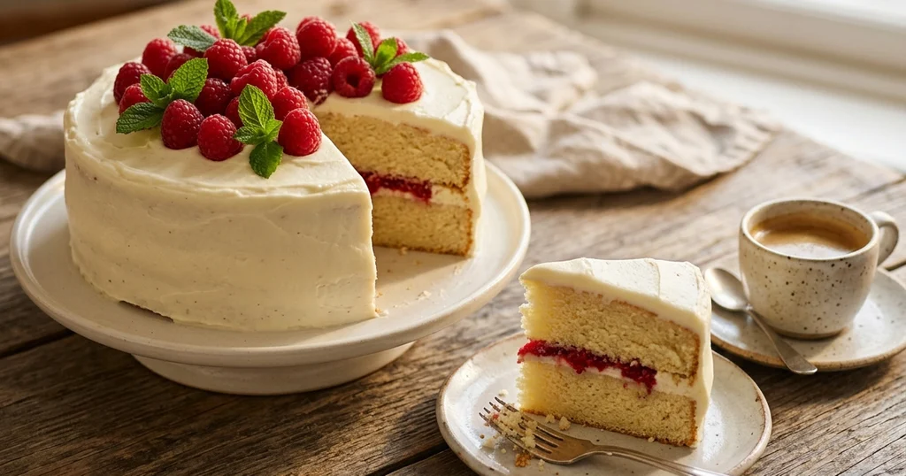 Sliced anniversary cake showing vanilla layers and raspberry filling on a dessert plate