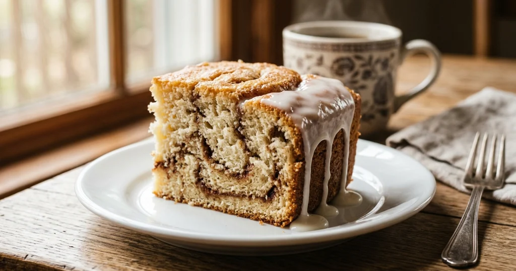 Sliced cinnamon roll cake showing the cinnamon swirl layers and soft crumb texture