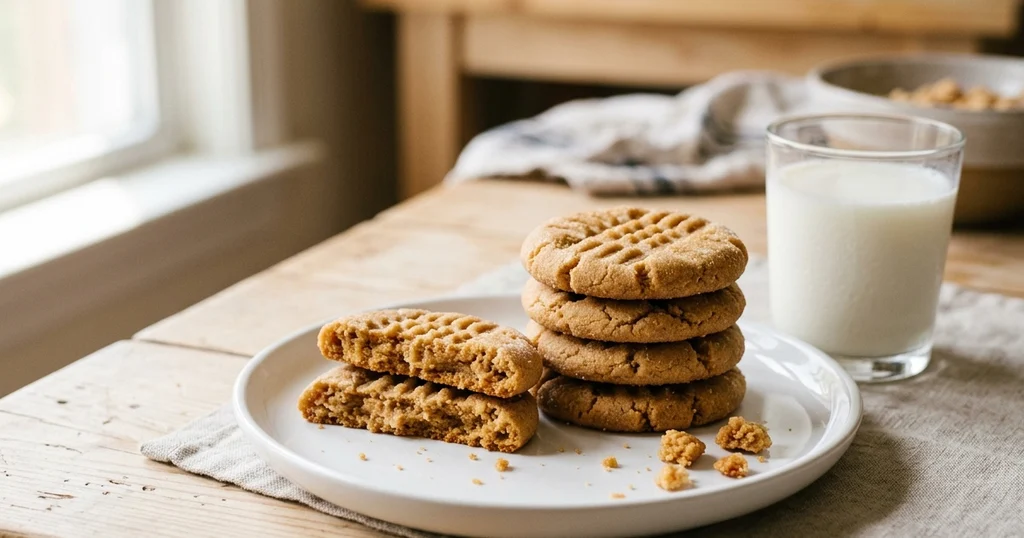 Soft and chewy peanut butter cookies on a plate with a glass of cold milk, one broken open to show the center