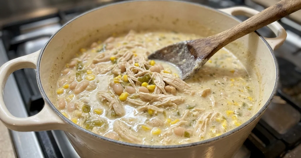 Thick, creamy white chicken chili simmering in a Dutch oven with shredded chicken coating a wooden spoon