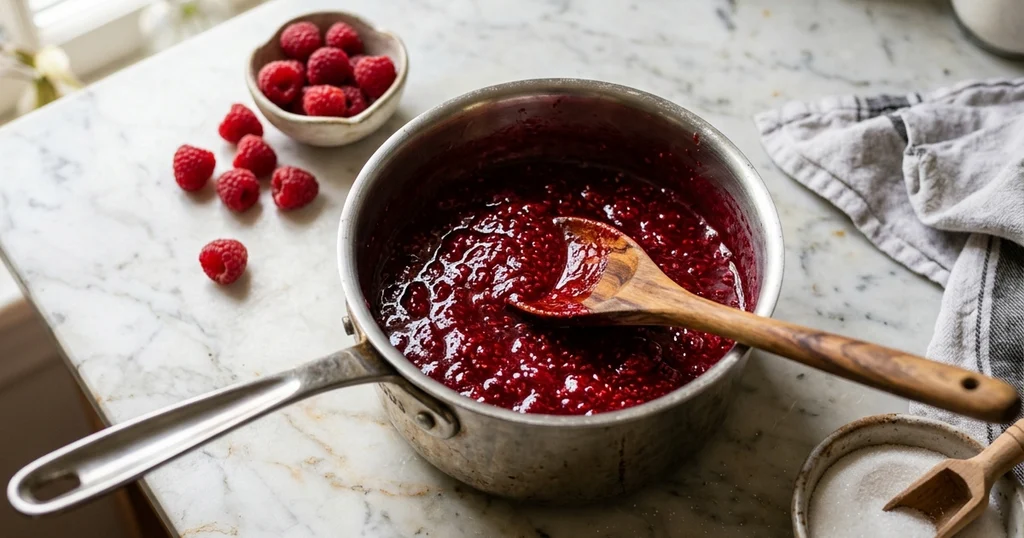 Thick raspberry filling simmering in a saucepan for a homemade anniversary cake