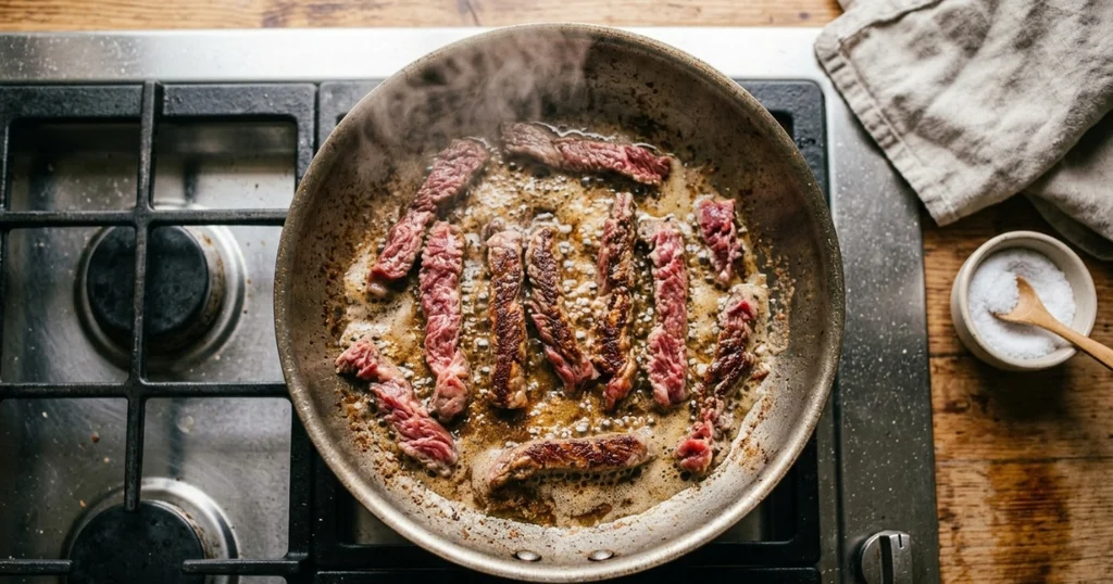 Thin strips of beef searing in a hot skillet for beef stroganoff
