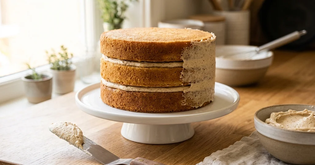 Three vanilla layers being frosted with brown butter buttercream while assembling a 30th birthday cake