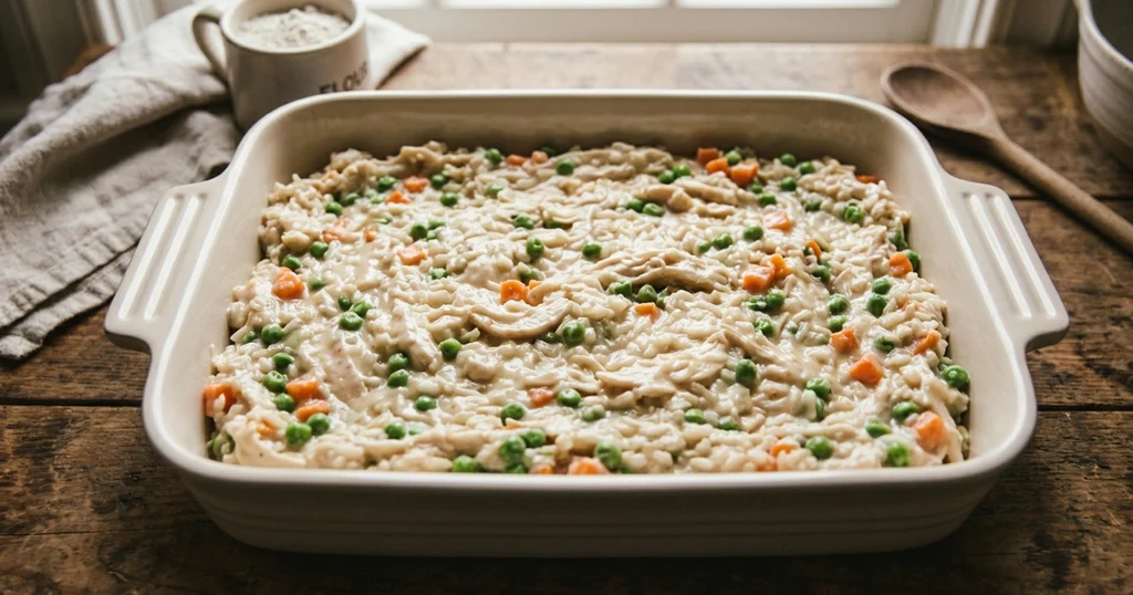 Unbaked chicken casserole mixture spread in a white baking dish before adding cheese and breadcrumb topping